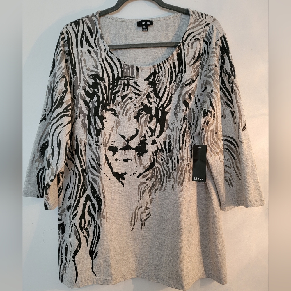Links Heather Gray Tiger 3/4 Sleeve Top, Size XL